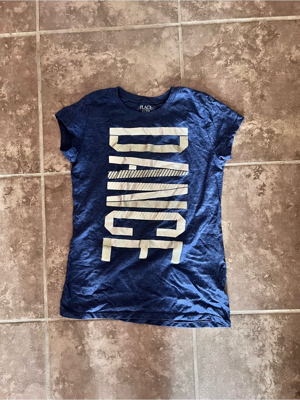 Place Dark Blue Crewneck Tee with Sideways Gold “Dance” Text